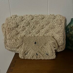 Handmade Macramé Fringe Clutch in Natural Cream plus a coin pouch